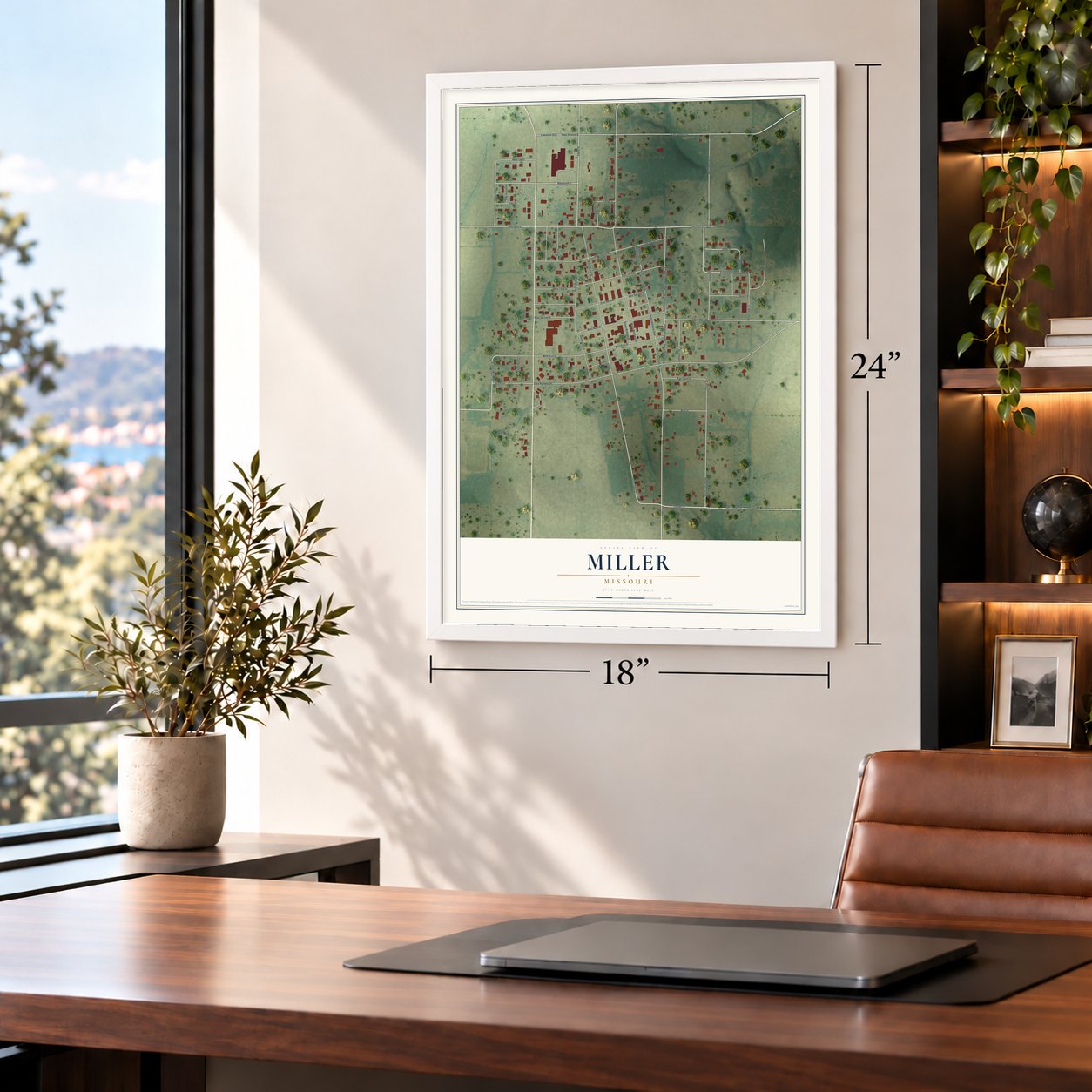 Miller, Missouri map, 18 x 24 inch print in a white frame in a home office