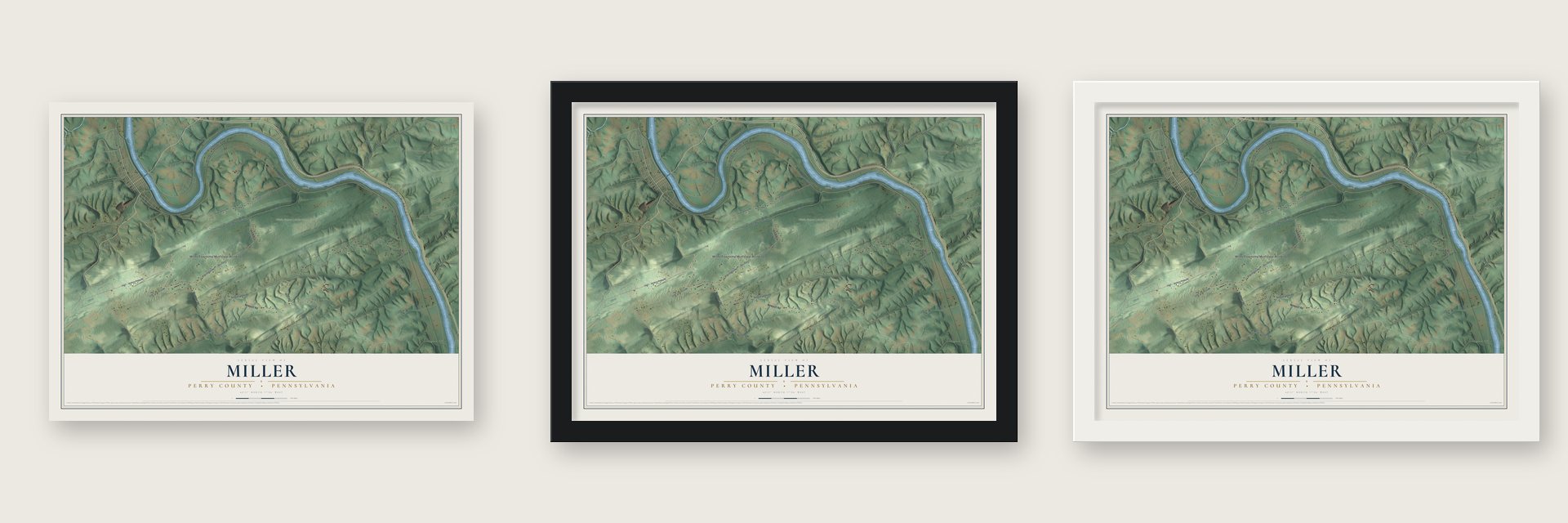 Miller, Perry County, Pennsylvania map unframed, in a black wood frame and in a white wood frame