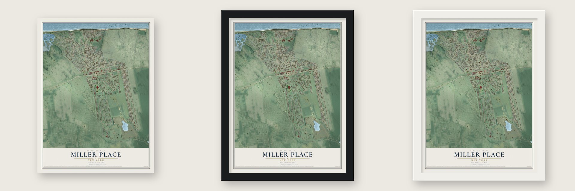 Miller Place, New York map unframed, in a black wood frame and in a white wood frame