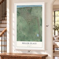 Miller Place, New York map, 24 x 36 inch print in a white frame by a staircase