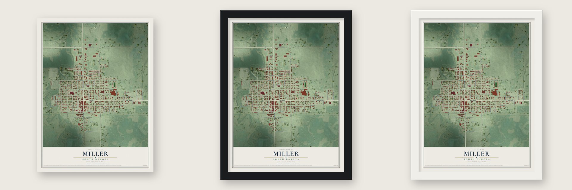 Miller, South Dakota map unframed, in a black wood frame and in a white wood frame