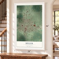 Miller, South Dakota map, 24 x 36 inch print in a white frame by a staircase