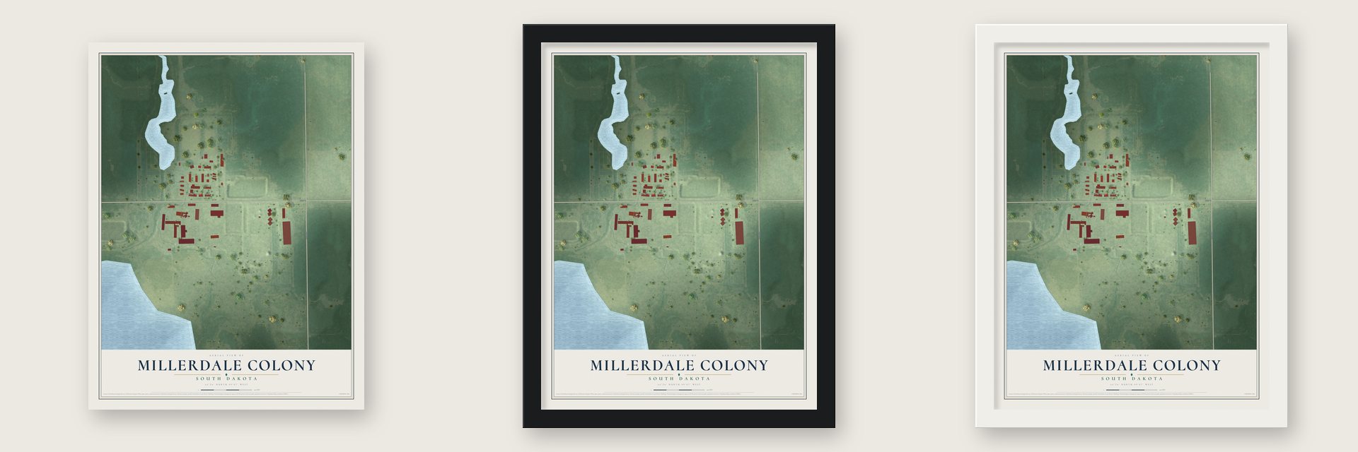Millerdale Colony, South Dakota map unframed, in a black wood frame and in a white wood frame
