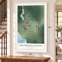 Millerdale Colony, South Dakota map, 24 x 36 inch print in a white frame by a staircase