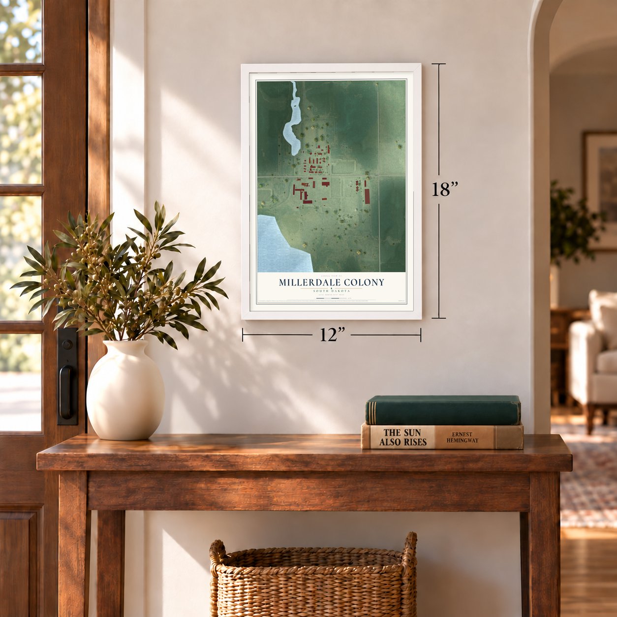 Millerdale Colony, South Dakota map, 12 x 18 inch print in a white frame in an entryway