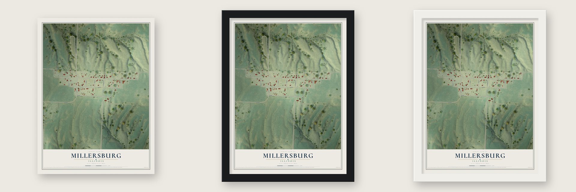 Millersburg, Illinois map unframed, in a black wood frame and in a white wood frame