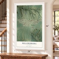 Millersburg, Illinois map, 24 x 36 inch print in a white frame by a staircase