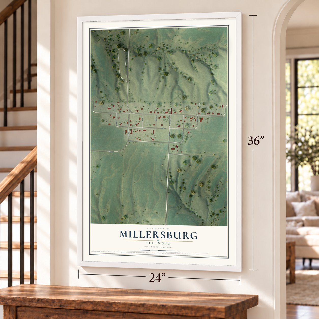Millersburg, Illinois map, 24 x 36 inch print in a white frame by a staircase