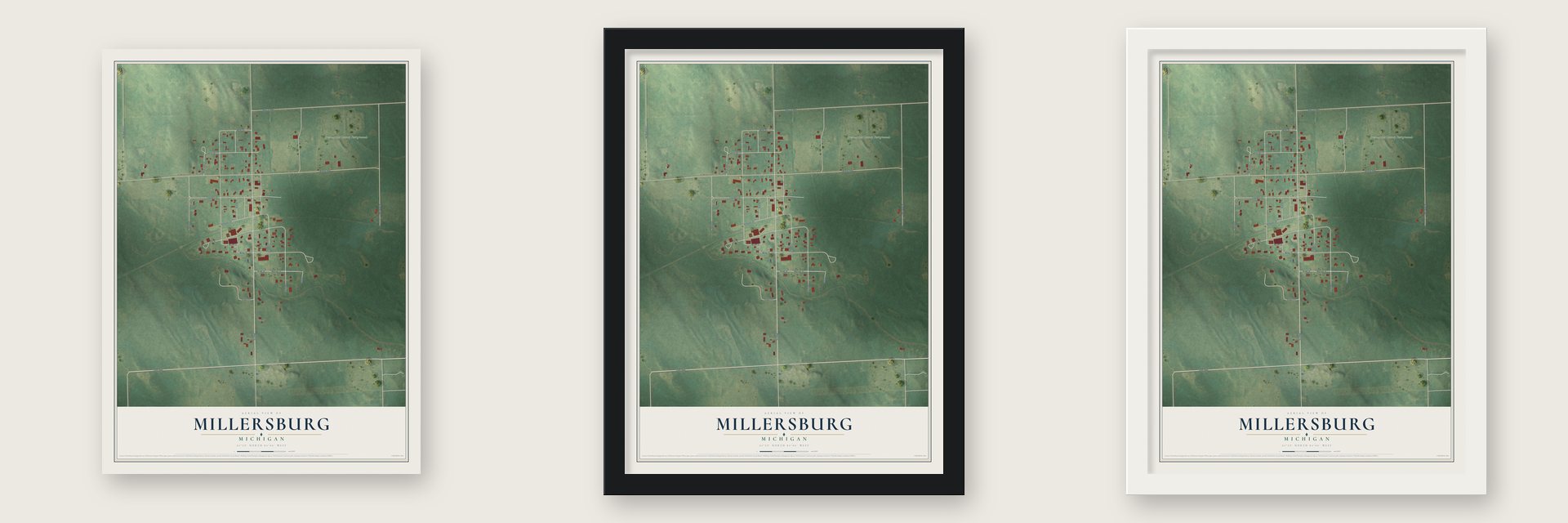 Millersburg, Michigan map unframed, in a black wood frame and in a white wood frame