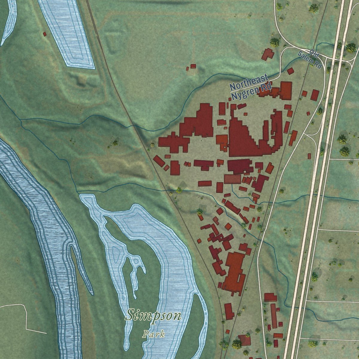 Second close-up of the map of Millersburg, Oregon print showing more streets and buildings