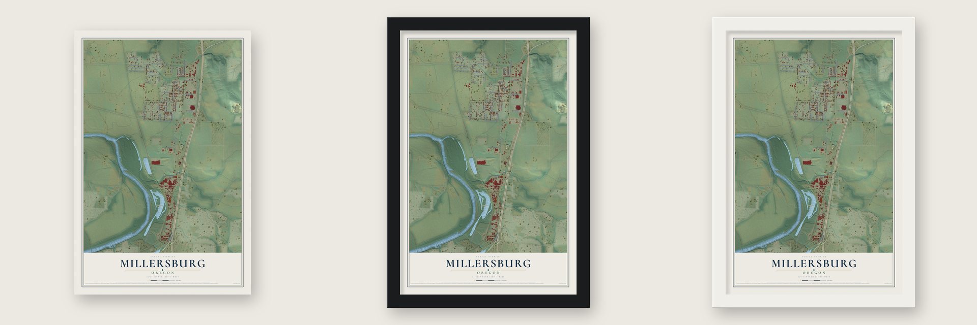 Millersburg, Oregon map unframed, in a black wood frame and in a white wood frame