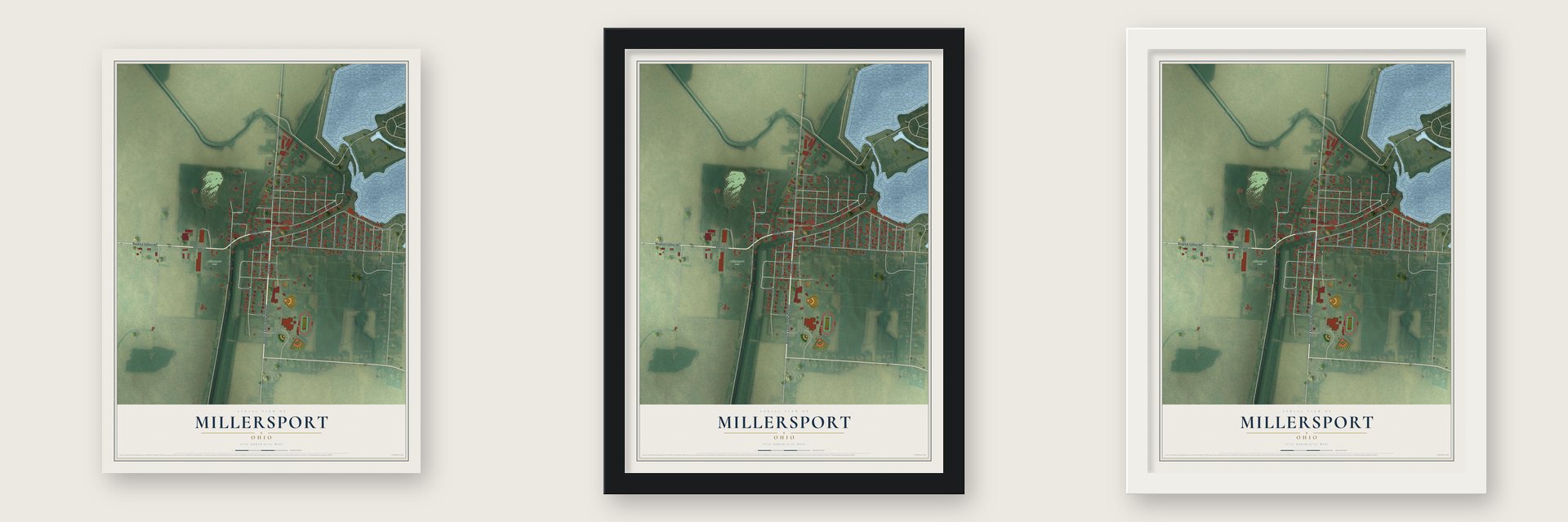 Millersport, Ohio map unframed, in a black wood frame and in a white wood frame