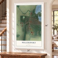 Millersport, Ohio map, 24 x 36 inch print in a white frame by a staircase