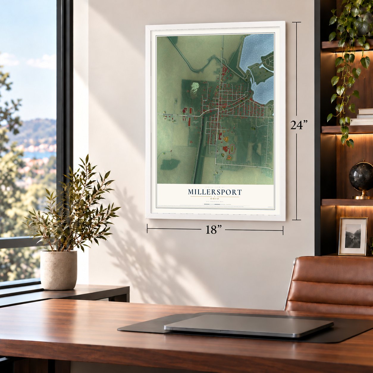 Millersport, Ohio map, 18 x 24 inch print in a white frame in a home office