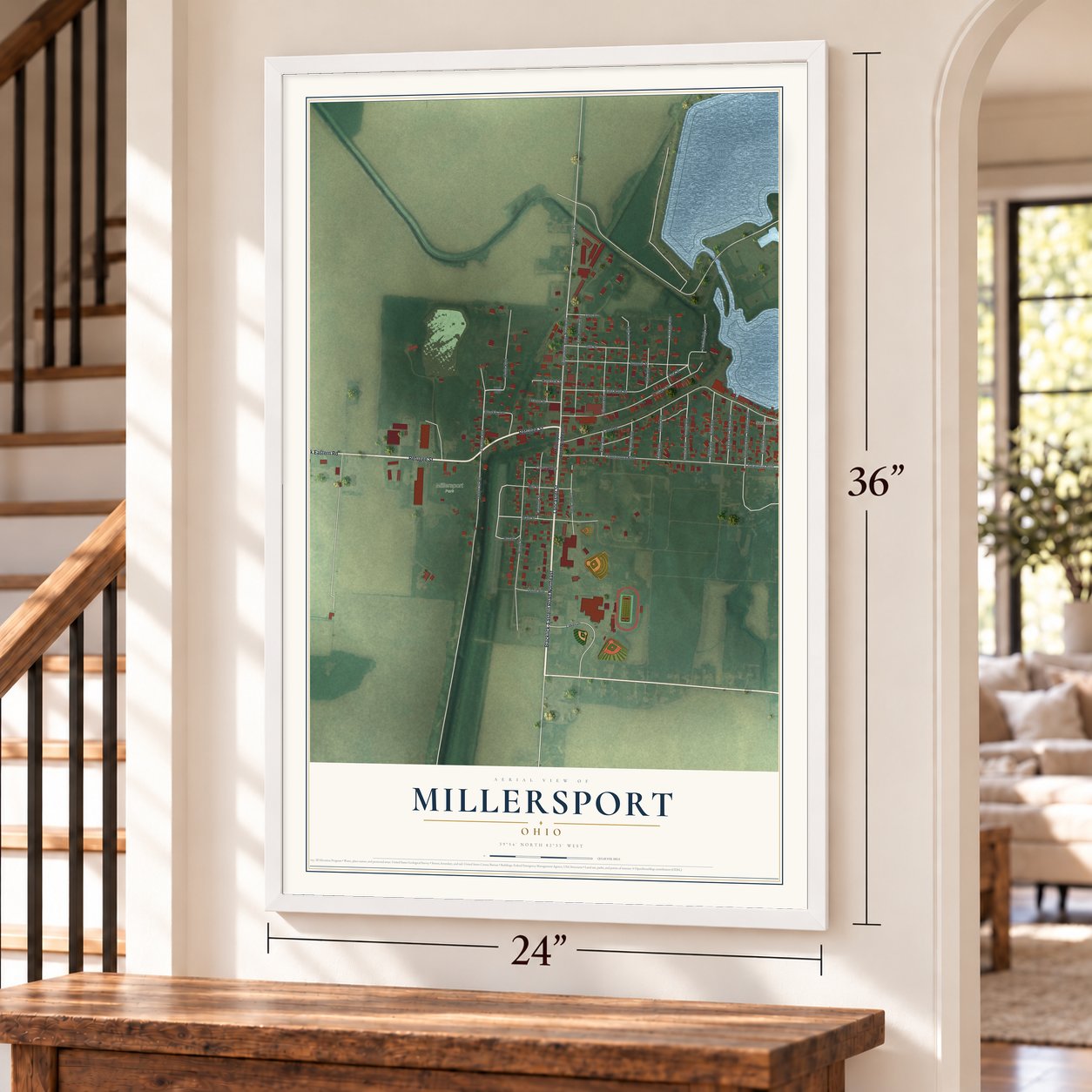 Millersport, Ohio map, 24 x 36 inch print in a white frame by a staircase