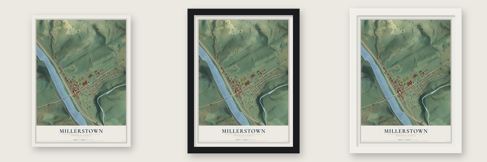 Millerstown, Pennsylvania map unframed, in a black wood frame and in a white wood frame