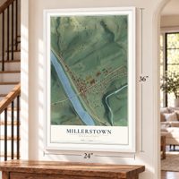 Millerstown, Pennsylvania map, 24 x 36 inch print in a white frame by a staircase