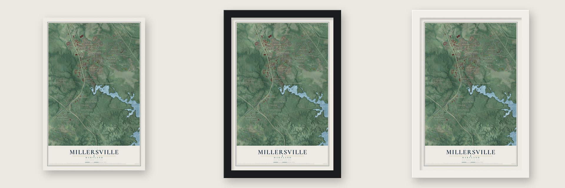 Millersville, Maryland map unframed, in a black wood frame and in a white wood frame