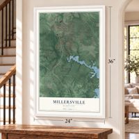 Millersville, Maryland map, 24 x 36 inch print in a white frame by a staircase