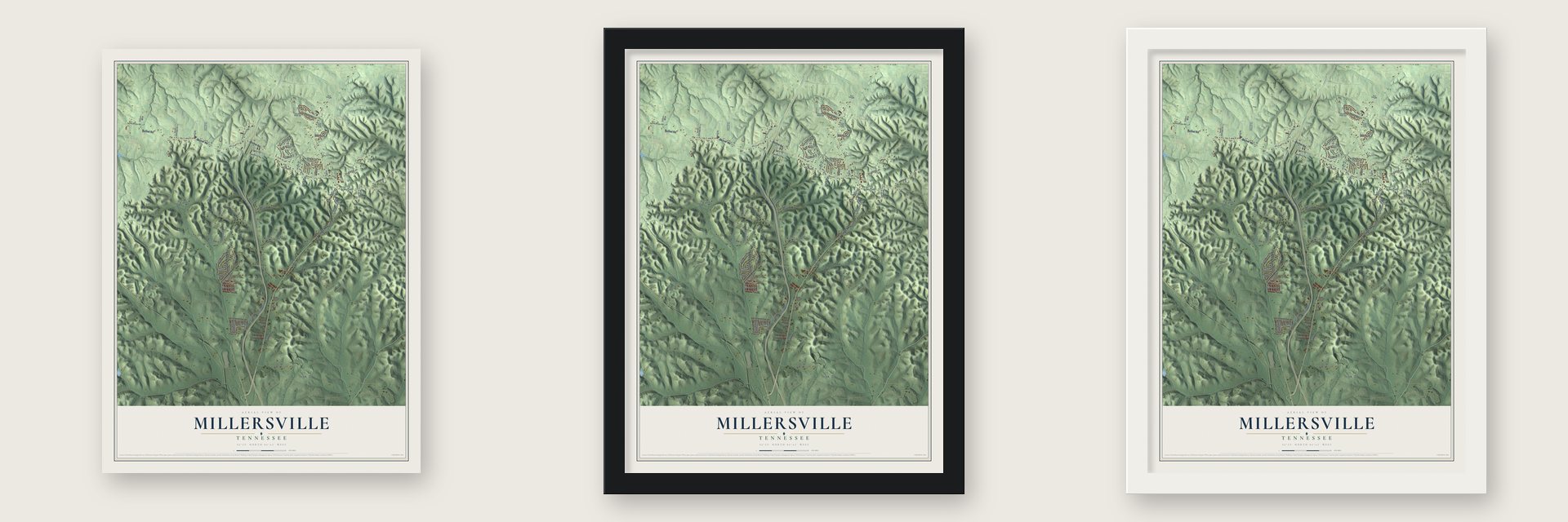 Millersville, Tennessee map unframed, in a black wood frame and in a white wood frame