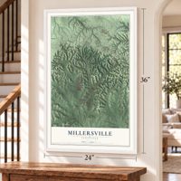 Millersville, Tennessee map, 24 x 36 inch print in a white frame by a staircase