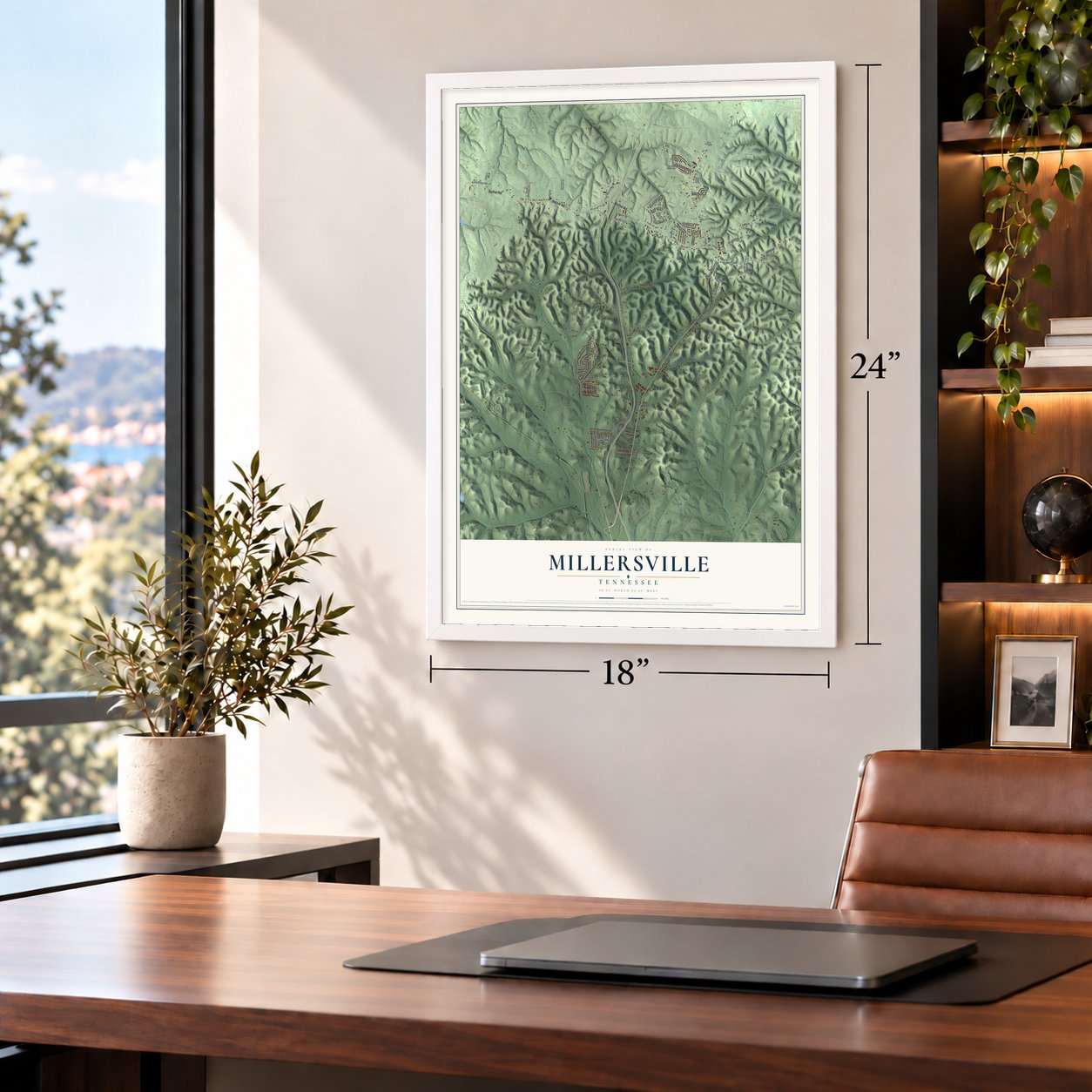 Millersville, Tennessee map, 18 x 24 inch print in a white frame in a home office