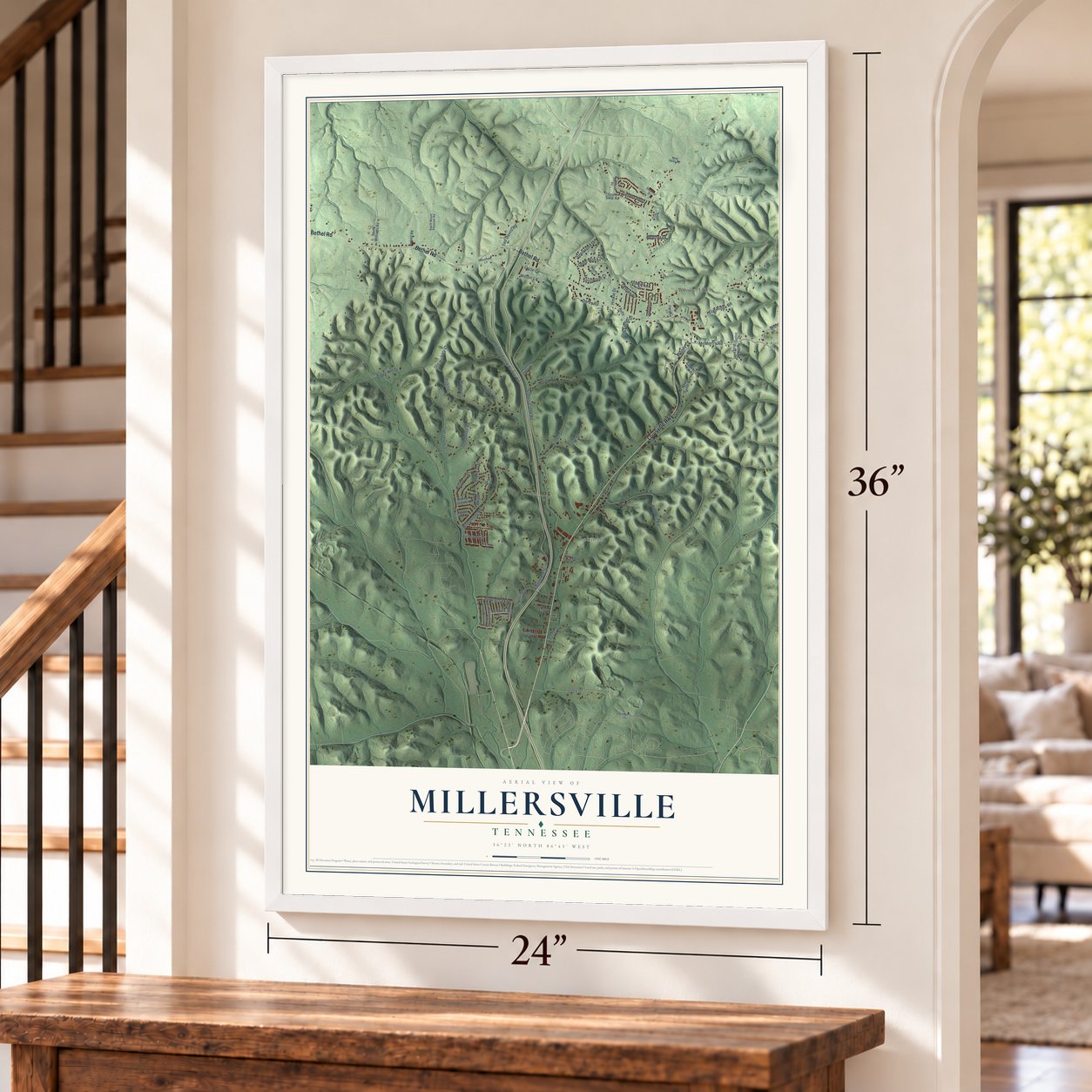 Millersville, Tennessee map, 24 x 36 inch print in a white frame by a staircase