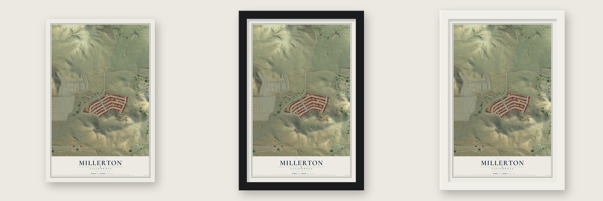 Millerton, California map unframed, in a black wood frame and in a white wood frame