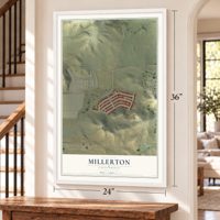 Millerton, California map, 24 x 36 inch print in a white frame by a staircase