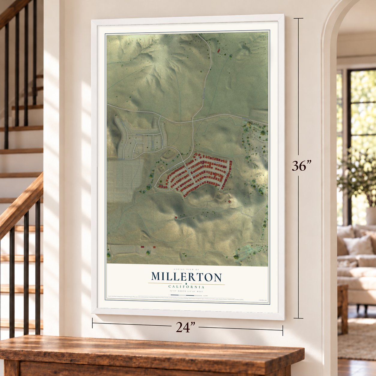 Millerton, California map, 24 x 36 inch print in a white frame by a staircase
