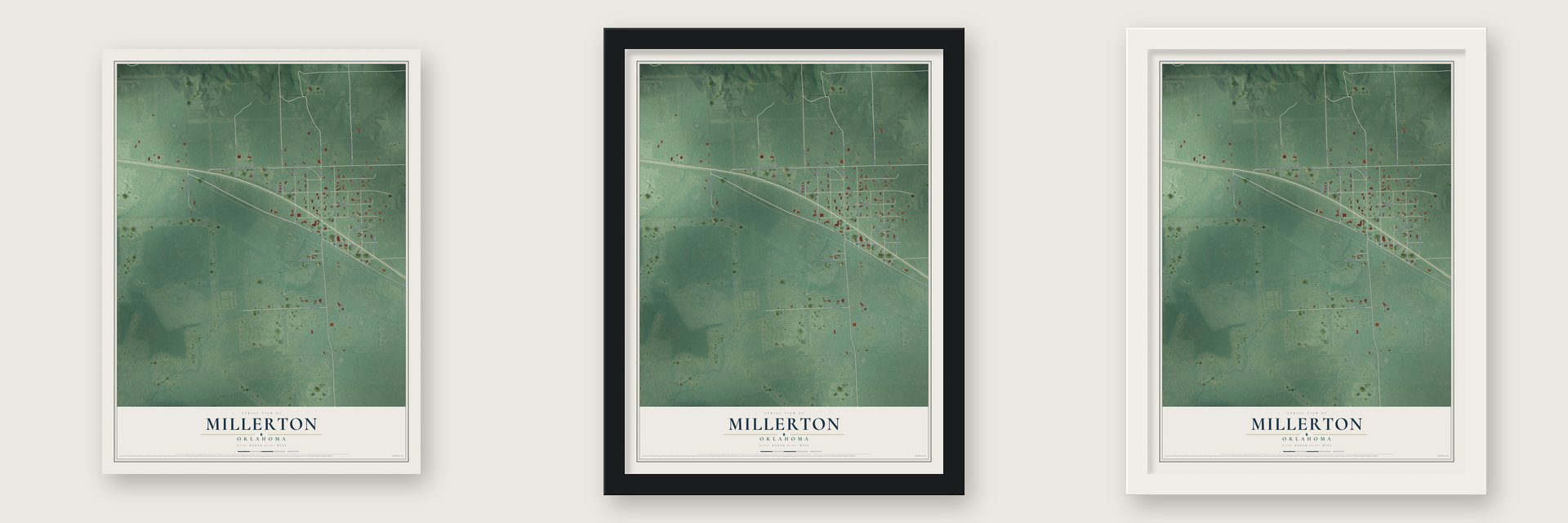 Millerton, Oklahoma map unframed, in a black wood frame and in a white wood frame