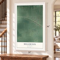 Millerton, Oklahoma map, 24 x 36 inch print in a white frame by a staircase