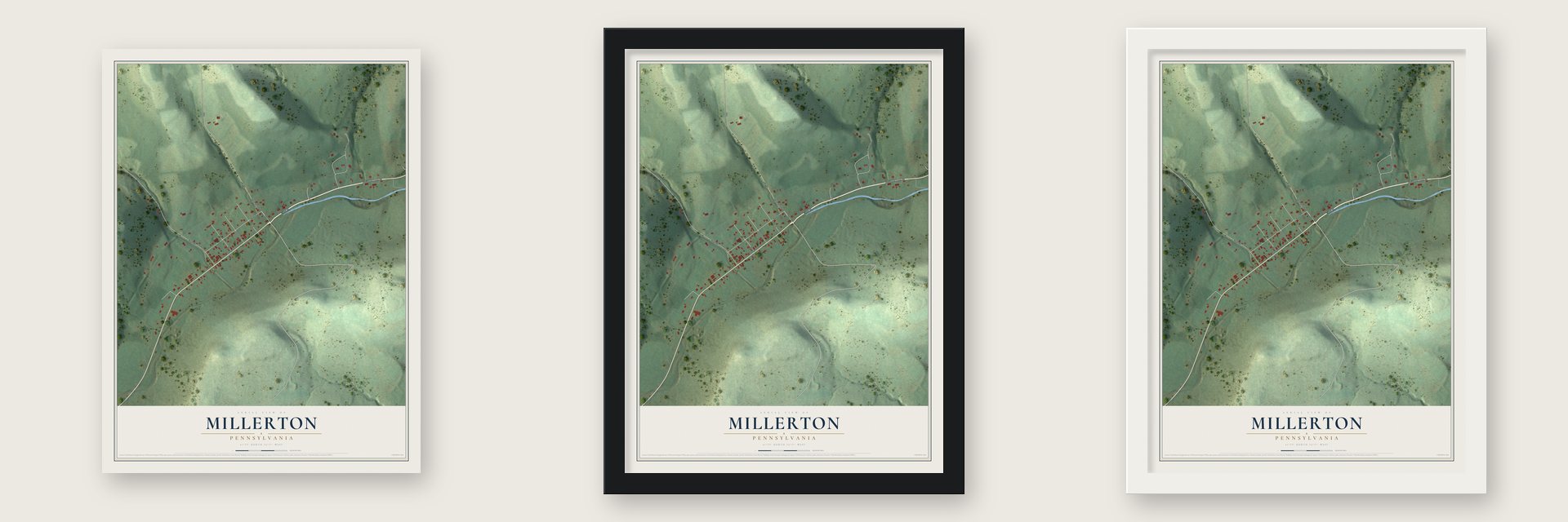 Millerton, Pennsylvania map unframed, in a black wood frame and in a white wood frame