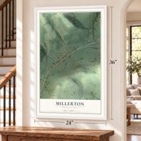 Millerton, Pennsylvania map, 24 x 36 inch print in a white frame by a staircase