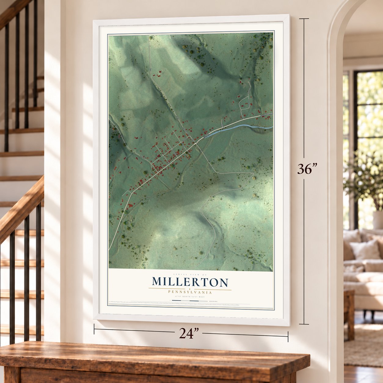 Millerton, Pennsylvania map, 24 x 36 inch print in a white frame by a staircase