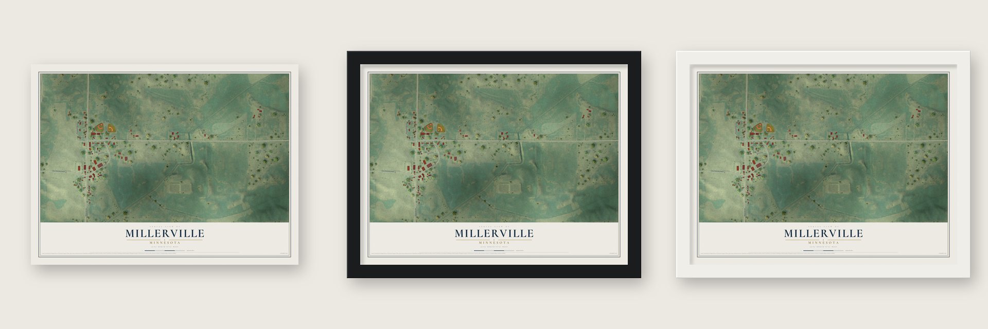 Millerville, Minnesota map unframed, in a black wood frame and in a white wood frame