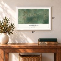 Millerville, Minnesota map, 12 x 18 inch print in a white frame in an entryway