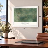 Millerville, Minnesota map, 18 x 24 inch print in a white frame in a home office