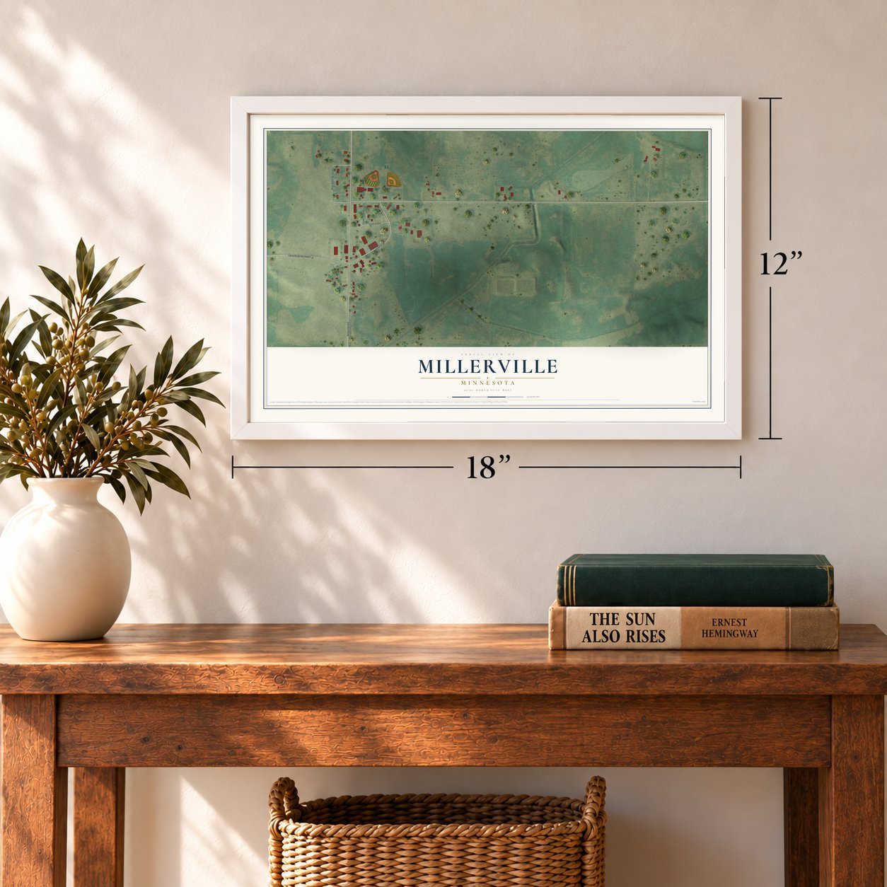 Millerville, Minnesota map, 12 x 18 inch print in a white frame in an entryway