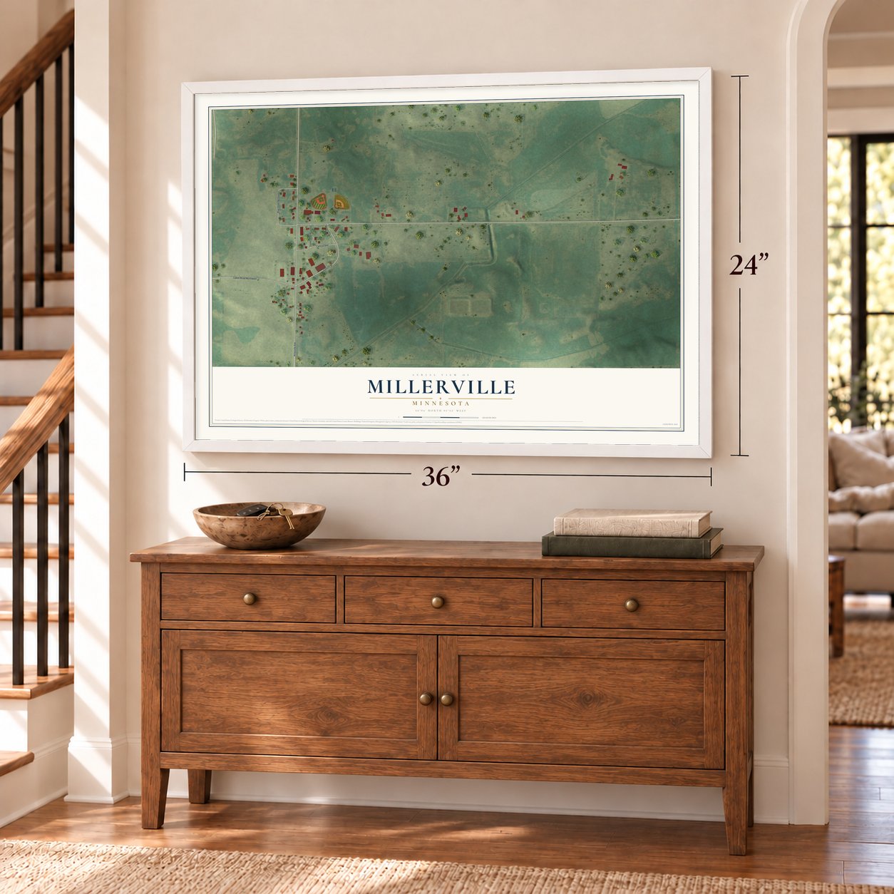 Millerville, Minnesota map, 24 x 36 inch print in a white frame above a dresser by a staircase