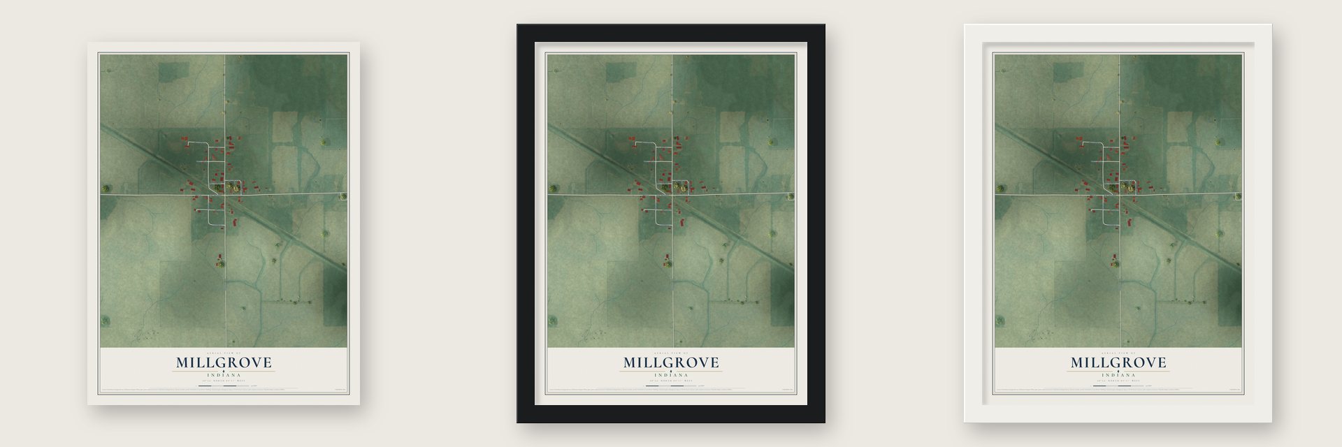 Millgrove, Indiana map unframed, in a black wood frame and in a white wood frame