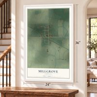 Millgrove, Indiana map, 24 x 36 inch print in a white frame by a staircase