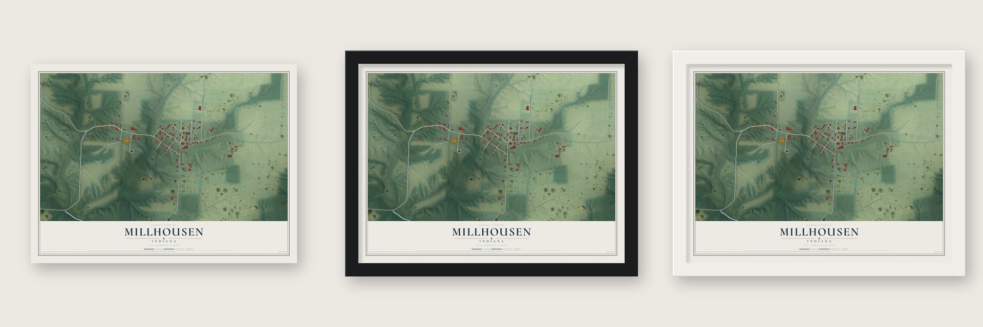 Millhousen, Indiana map unframed, in a black wood frame and in a white wood frame