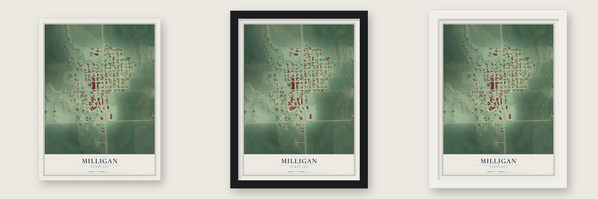 Milligan, Nebraska map unframed, in a black wood frame and in a white wood frame