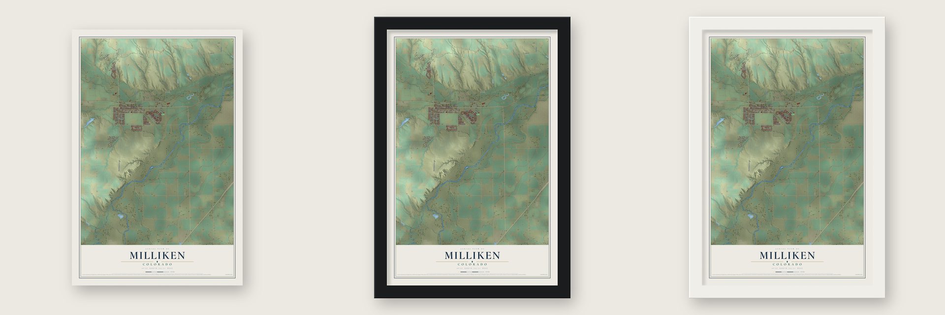 Milliken, Colorado map unframed, in a black wood frame and in a white wood frame