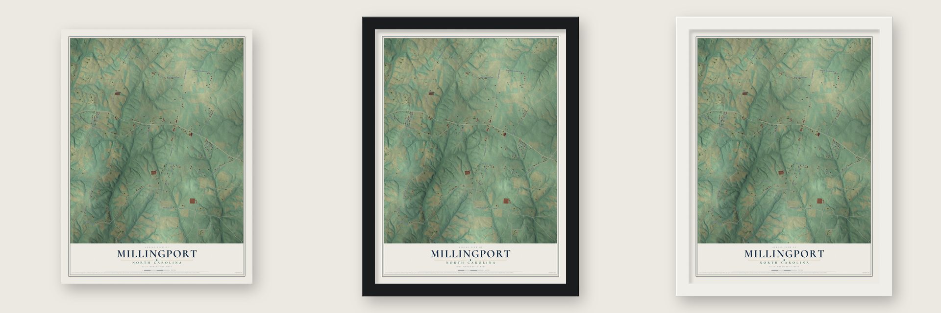 Millingport, North Carolina map unframed, in a black wood frame and in a white wood frame