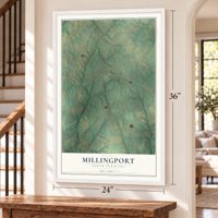 Millingport, North Carolina map, 24 x 36 inch print in a white frame by a staircase