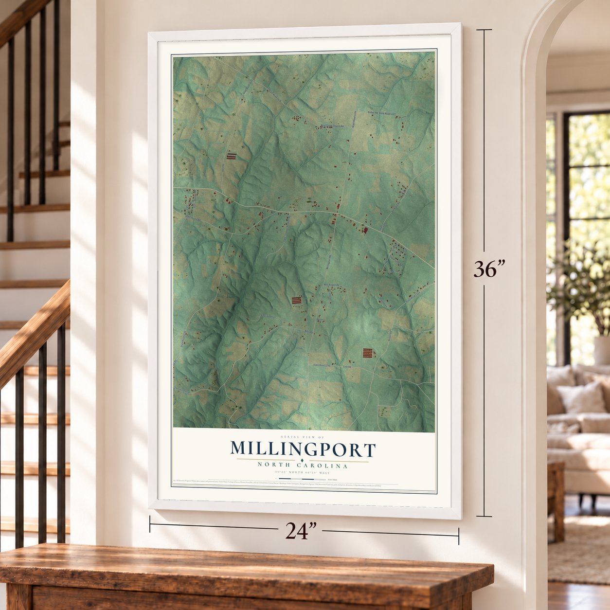 Millingport, North Carolina map, 24 x 36 inch print in a white frame by a staircase