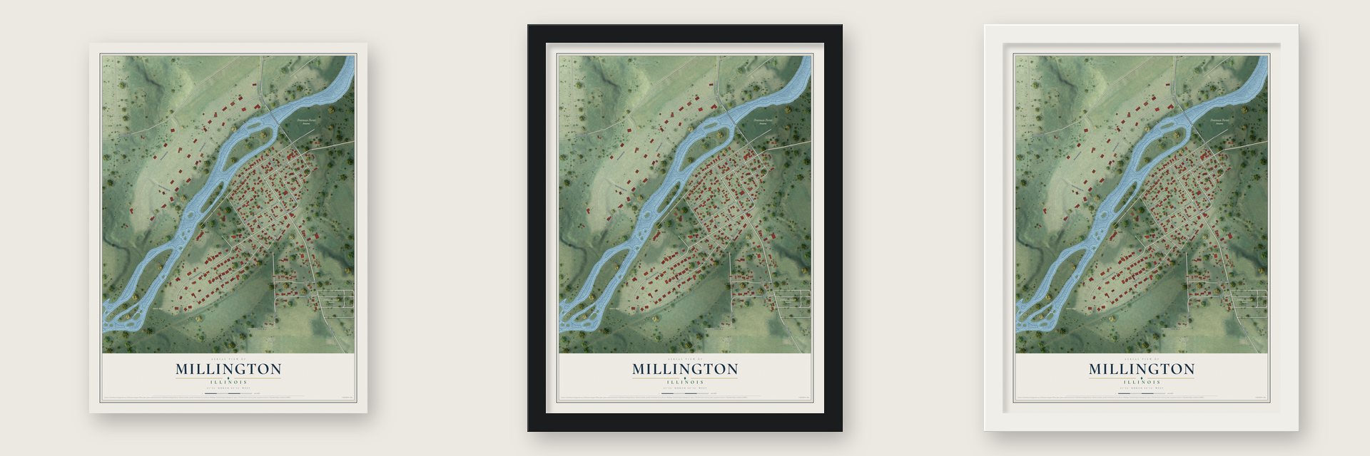 Millington, Illinois map unframed, in a black wood frame and in a white wood frame