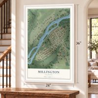 Millington, Illinois map, 24 x 36 inch print in a white frame by a staircase